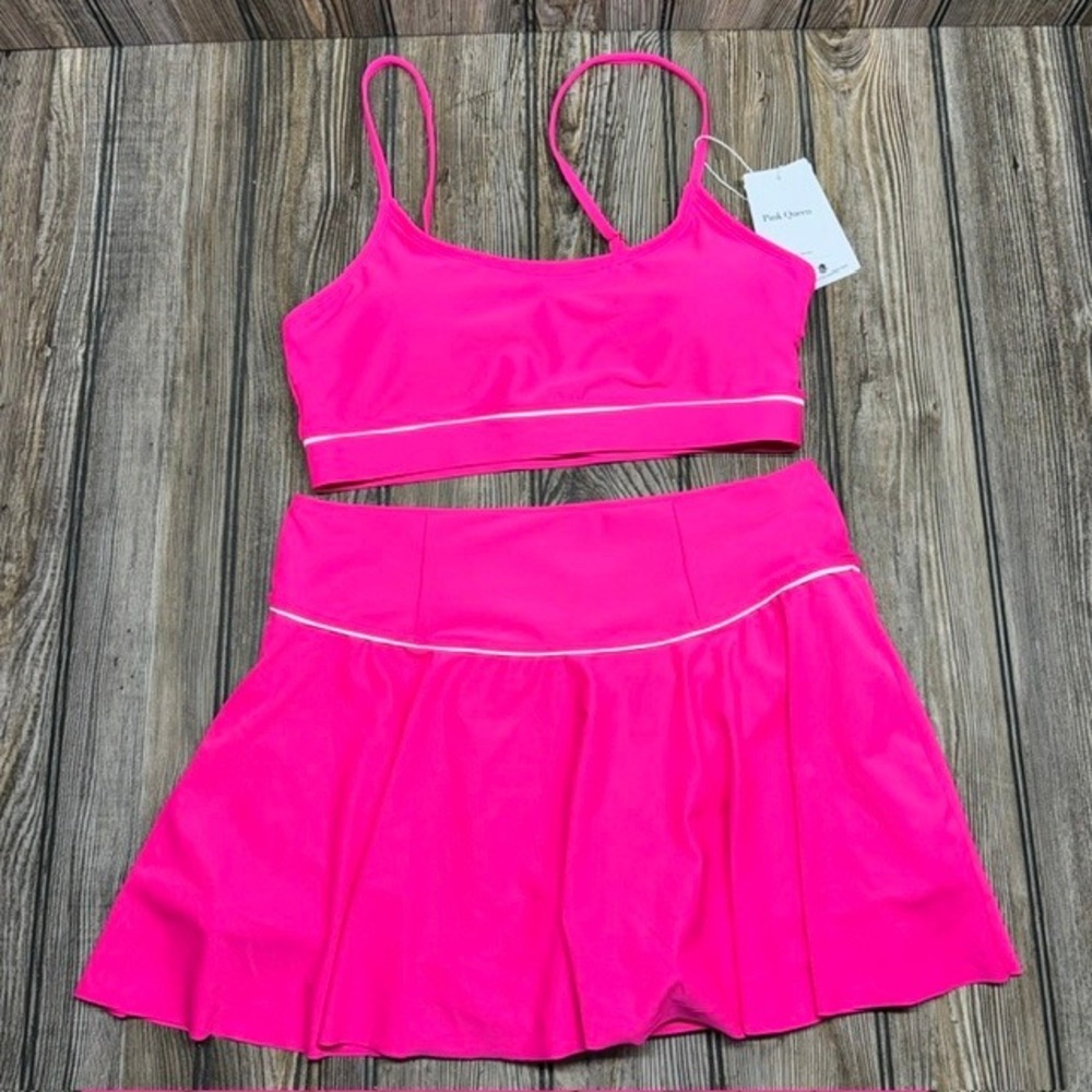 Pink Queen Women's Neon Pink Swim Skirt and Top Set White Piping Size M/L